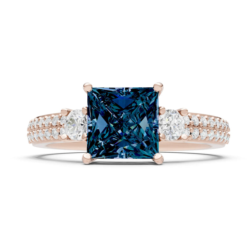 Alexandrite Three Stone Princess Cut Double Pave Band