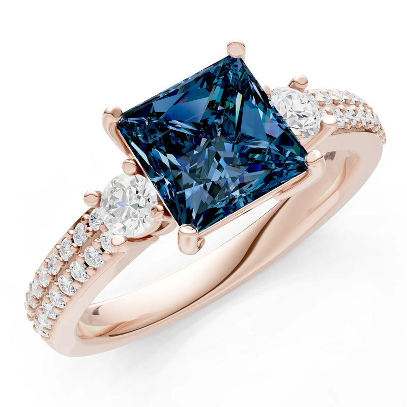 3 Stone Princess Cut Double Pave Band