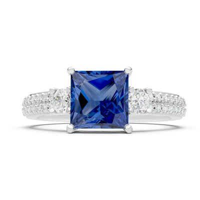 Blue Sapphire Three Stone Princess Cut Double Pave Band