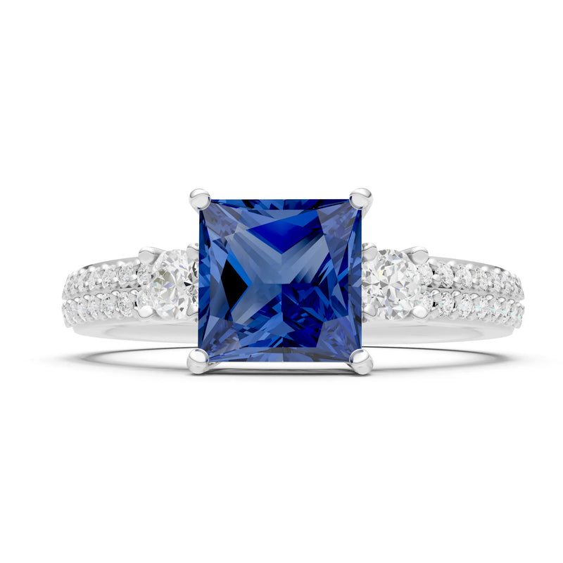Blue Sapphire Three Stone Princess Cut Double Pave Band