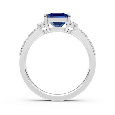 Blue Sapphire Three Stone Princess Cut Double Pave Band