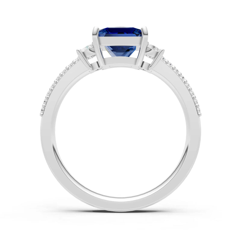 Blue Sapphire Three Stone Princess Cut Double Pave Band