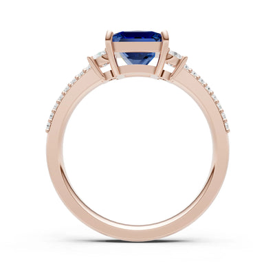 Blue Sapphire Three Stone Princess Cut Double Pave Band