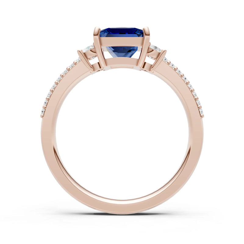 Blue Sapphire Three Stone Princess Cut Double Pave Band