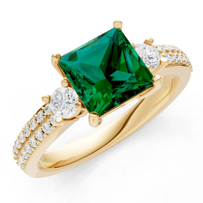 Emerald Three Stone Princess Cut Double Pave Band