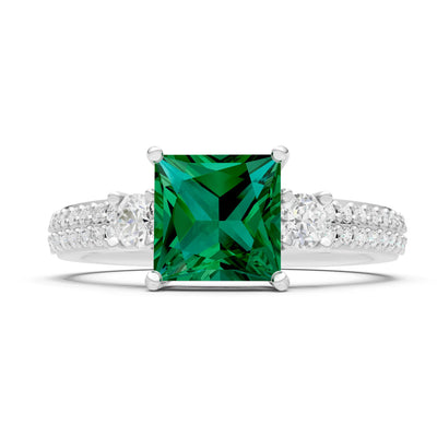 Emerald Three Stone Princess Cut Double Pave Band