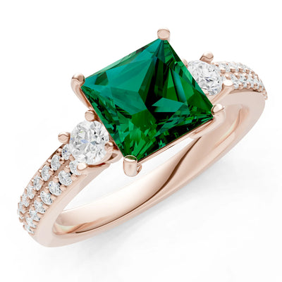 Emerald Three Stone Princess Cut Double Pave Band