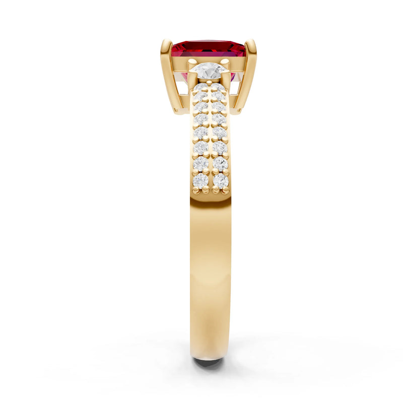 Ruby Three Stone Princess Cut Double Pave Band