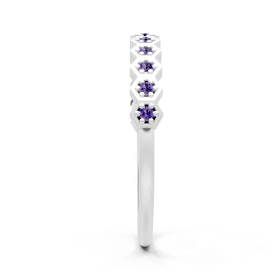Dainty Hex Cell Round Gemstone Pavé Half Band