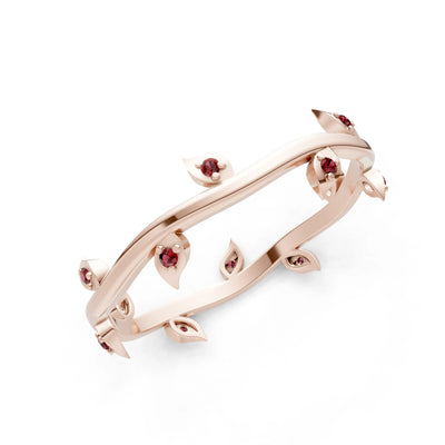 Garnet Dainty Leaf Motif Prong Eternity Band