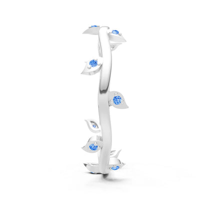 Swiss Blue Topaz Dainty Leaf Motif Prong Eternity Band