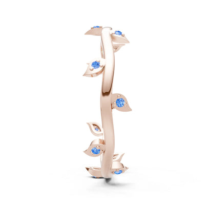 Swiss Blue Topaz Dainty Leaf Motif Prong Eternity Band