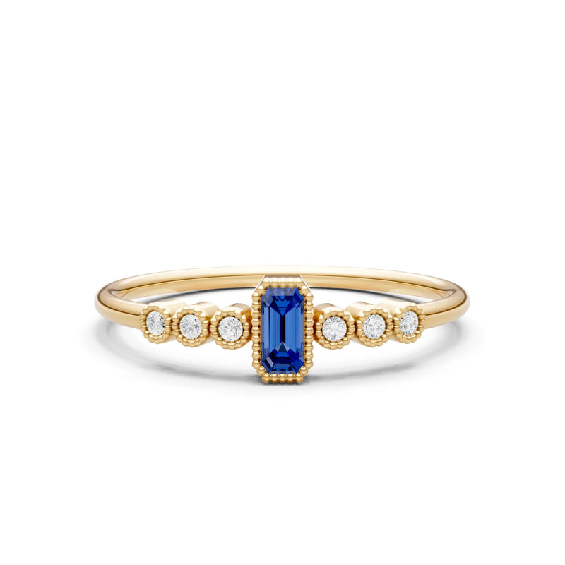 Blue Sapphire Dainty Bezel Emerald Set Cluster Ring