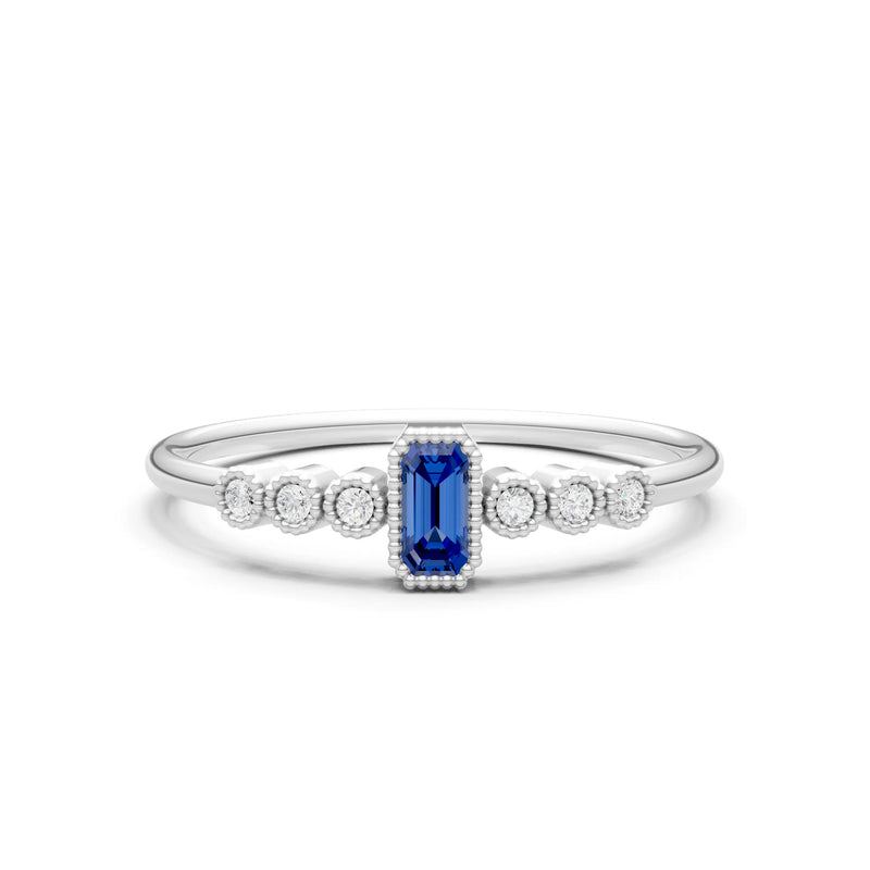 Blue Sapphire Dainty Bezel Emerald Set Cluster Ring