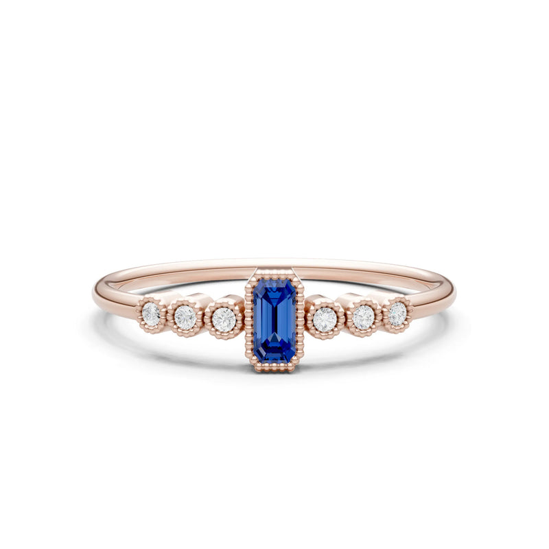 Blue Sapphire Dainty Bezel Emerald Set Cluster Ring