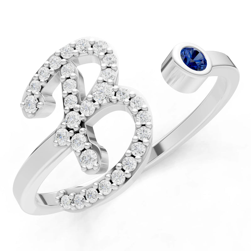 Dainty Initial Letter Birthstone Open Ring – B