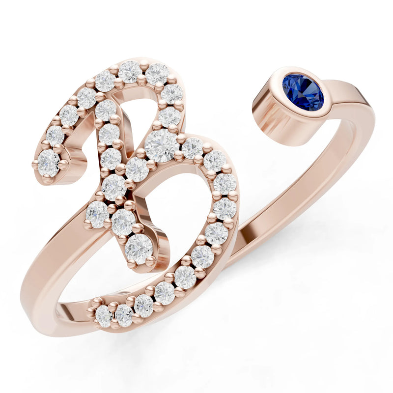 Dainty Initial Letter Birthstone Open Ring – B