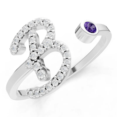 Dainty Initial Letter Birthstone Open Ring – B