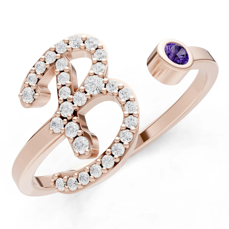 Dainty Initial Letter Birthstone Open Ring – B
