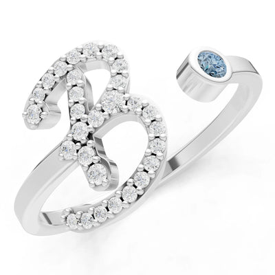 Dainty Initial Letter Birthstone Open Ring – B
