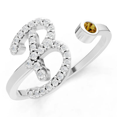 Dainty Initial Letter Birthstone Open Ring – B