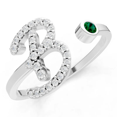 Dainty Initial Letter Birthstone Open Ring – B