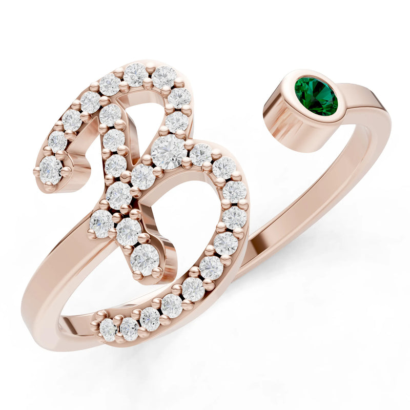 Dainty Initial Letter Birthstone Open Ring – B