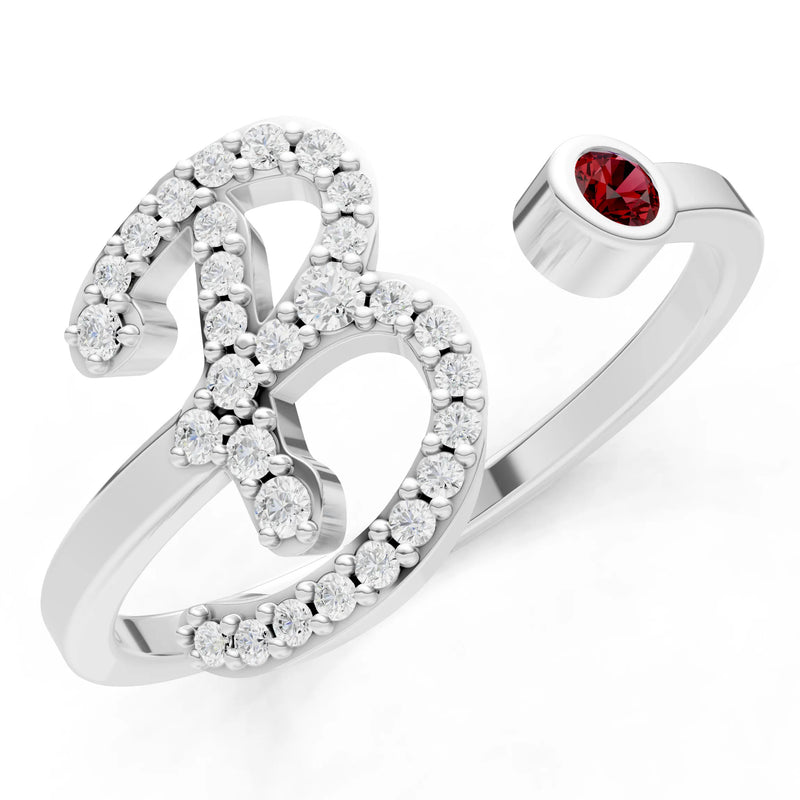 Dainty Initial Letter Birthstone Open Ring – B