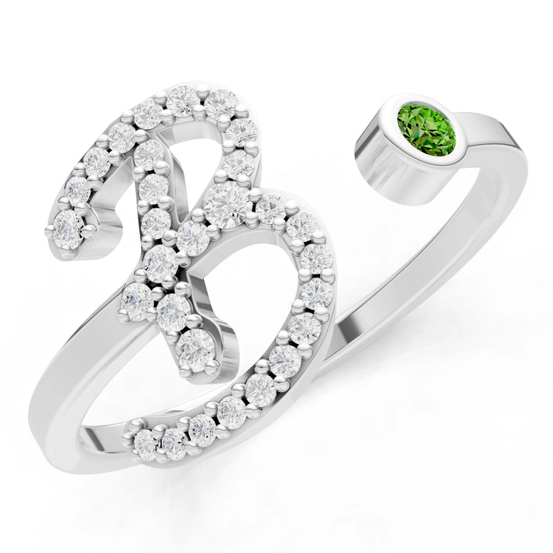 Dainty Initial Letter Birthstone Open Ring – B