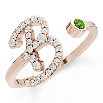 Dainty Initial Letter Birthstone Open Ring – B