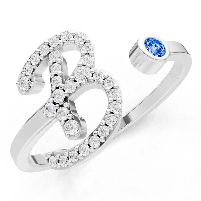 Dainty Initial Letter Birthstone Open Ring – B