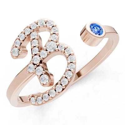 Dainty Initial Letter Birthstone Open Ring – B