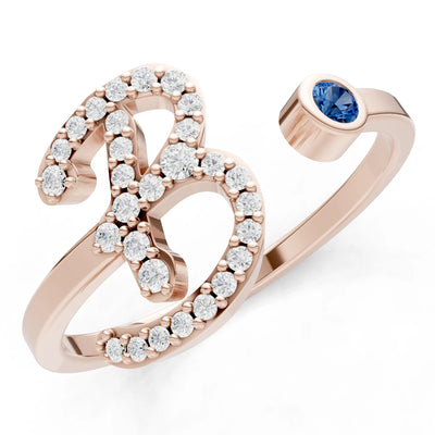 Dainty Initial Letter Birthstone Open Ring – B