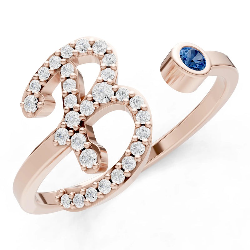 Dainty Initial Letter Birthstone Open Ring – B