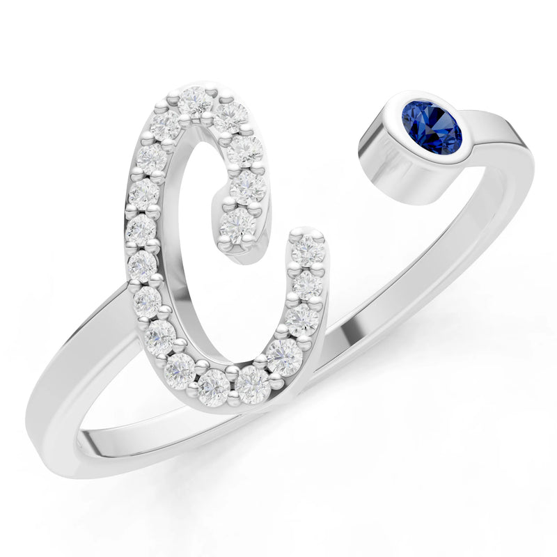 Dainty Initial Letter Birthstone Open Ring – C