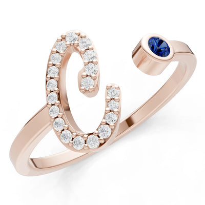 Dainty Initial Letter Birthstone Open Ring – C