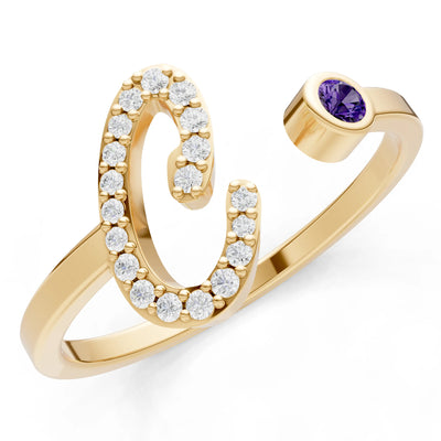 Dainty Initial Letter Birthstone Open Ring – C
