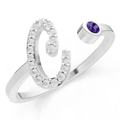 Dainty Initial Letter Birthstone Open Ring – C