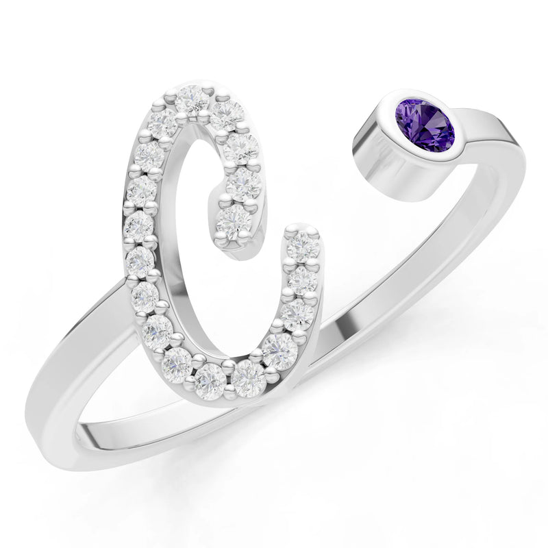 Dainty Initial Letter Birthstone Open Ring – C