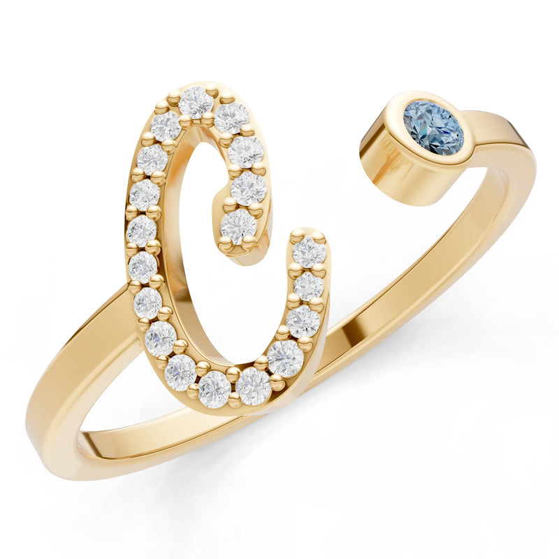 Dainty Initial Letter Birthstone Open Ring – C