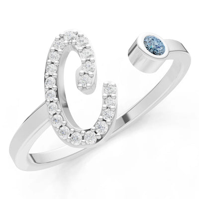 Dainty Initial Letter Birthstone Open Ring – C