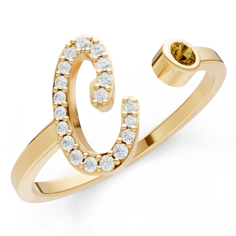 Dainty Initial Letter Birthstone Open Ring – C