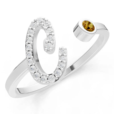 Dainty Initial Letter Birthstone Open Ring – C