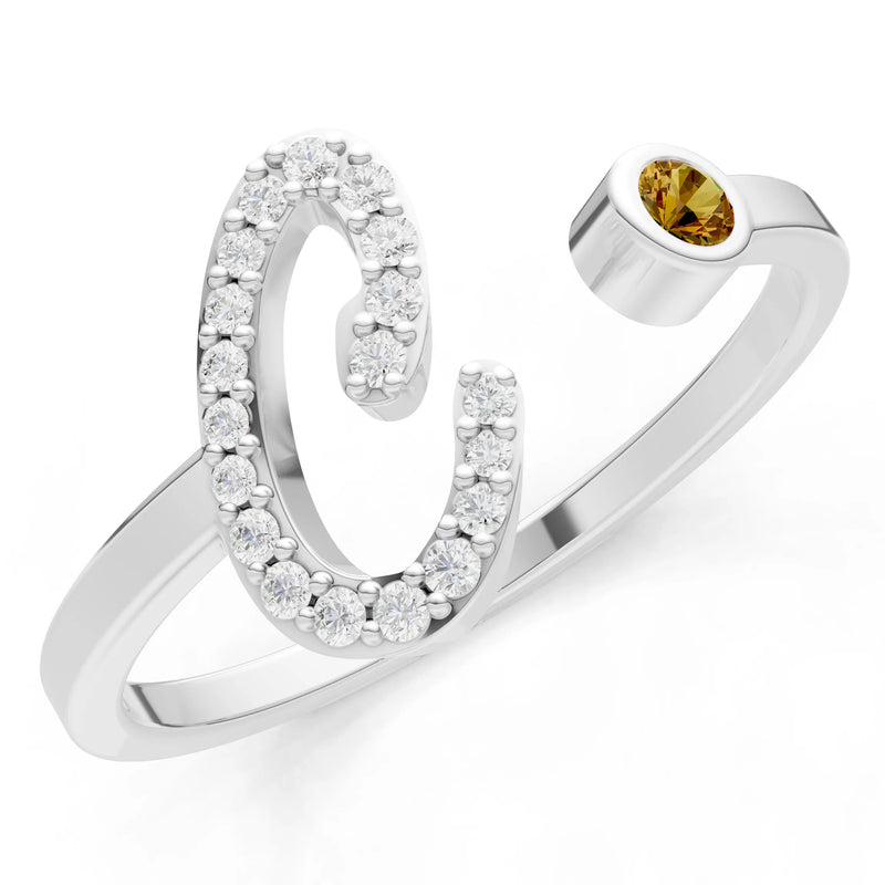 Dainty Initial Letter Birthstone Open Ring – C