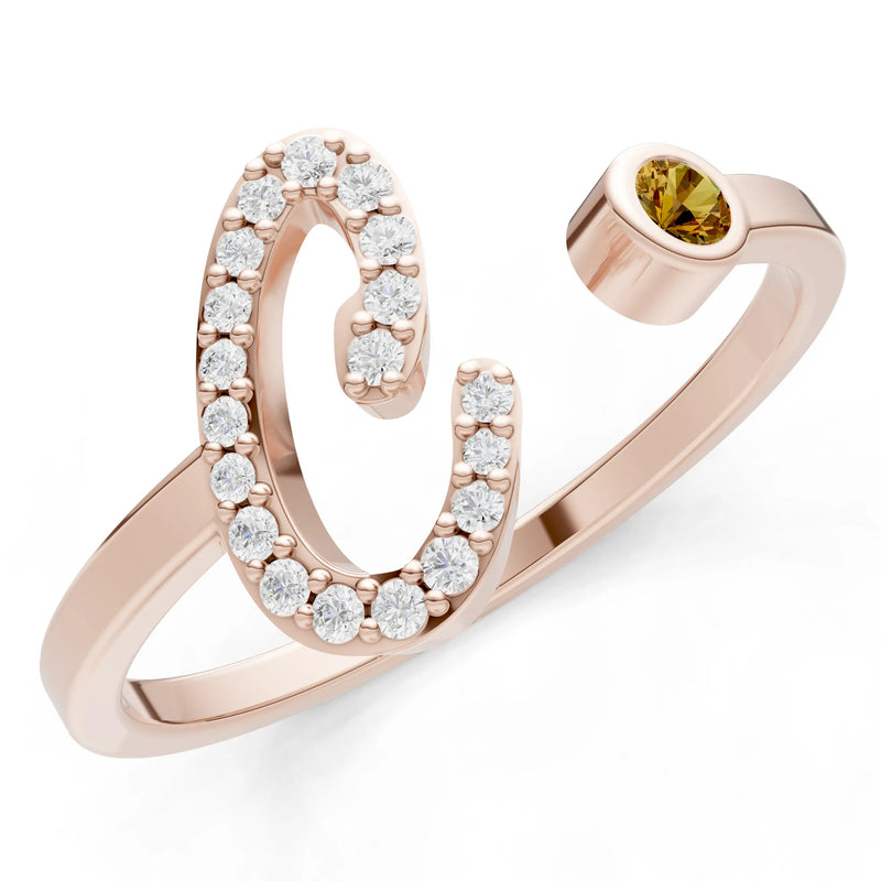 Dainty Initial Letter Birthstone Open Ring – C