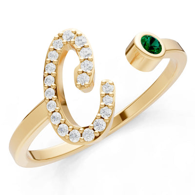 Dainty Initial Letter Birthstone Open Ring – C