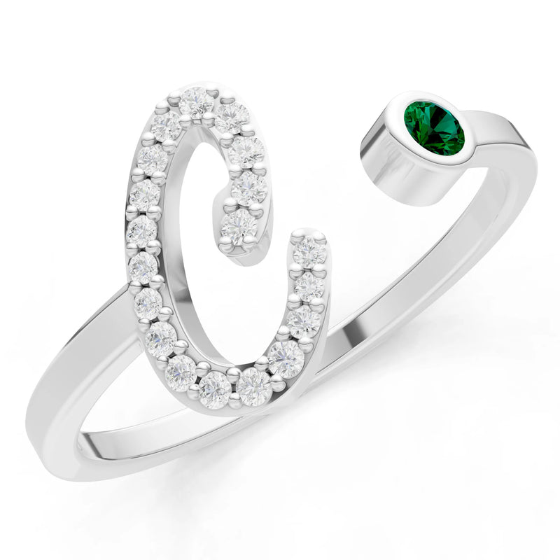 Dainty Initial Letter Birthstone Open Ring – C