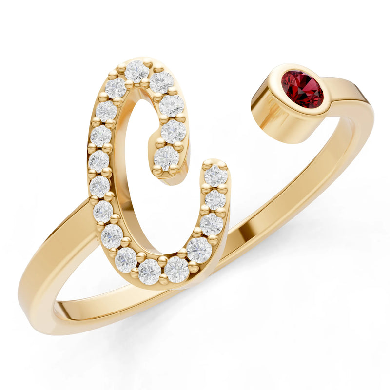 Dainty Initial Letter Birthstone Open Ring – C