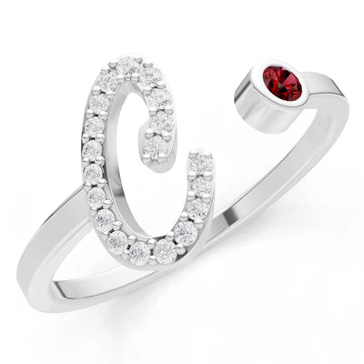 Dainty Initial Letter Birthstone Open Ring – C