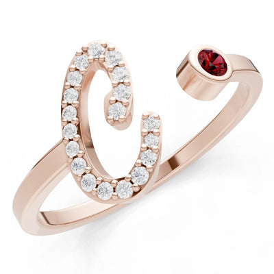 Dainty Initial Letter Birthstone Open Ring – C